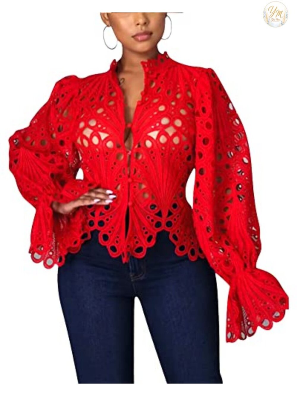 Lace Ruffle Puff Long Sleeve Button Down Top